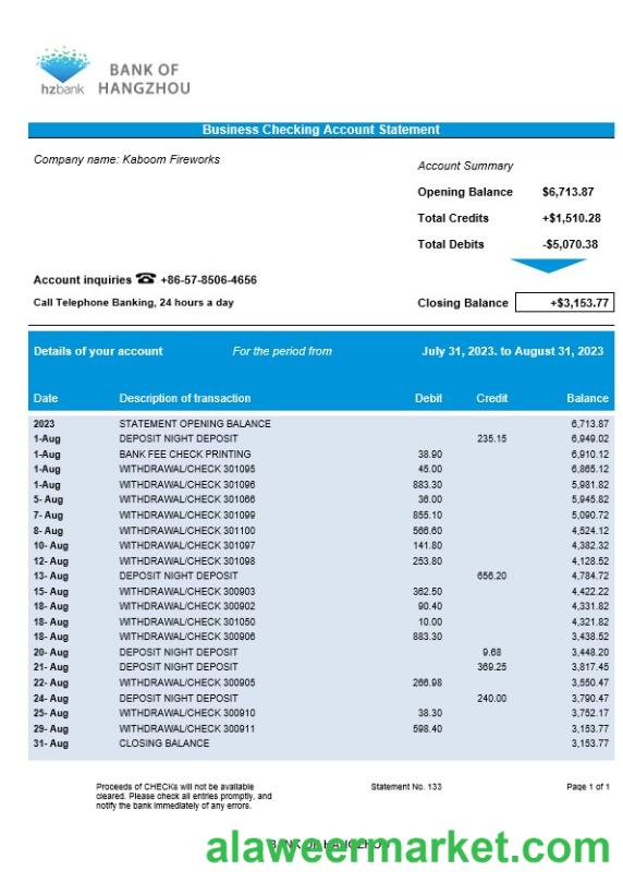 Bank of Hangzhou company statement Word and PDF template
